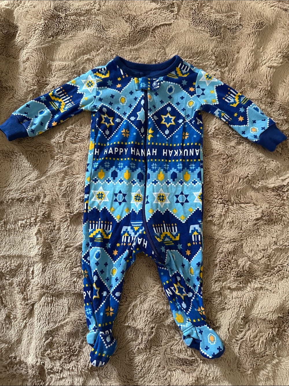 Hanukkah Star Printed Baby One-Piece Footed Pajamas, 0-3 months